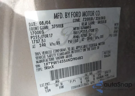 2004 Ford F-150 Fx4/Lariat/Xlt from USA, damaged, VIN 1FTPW14554KD90483